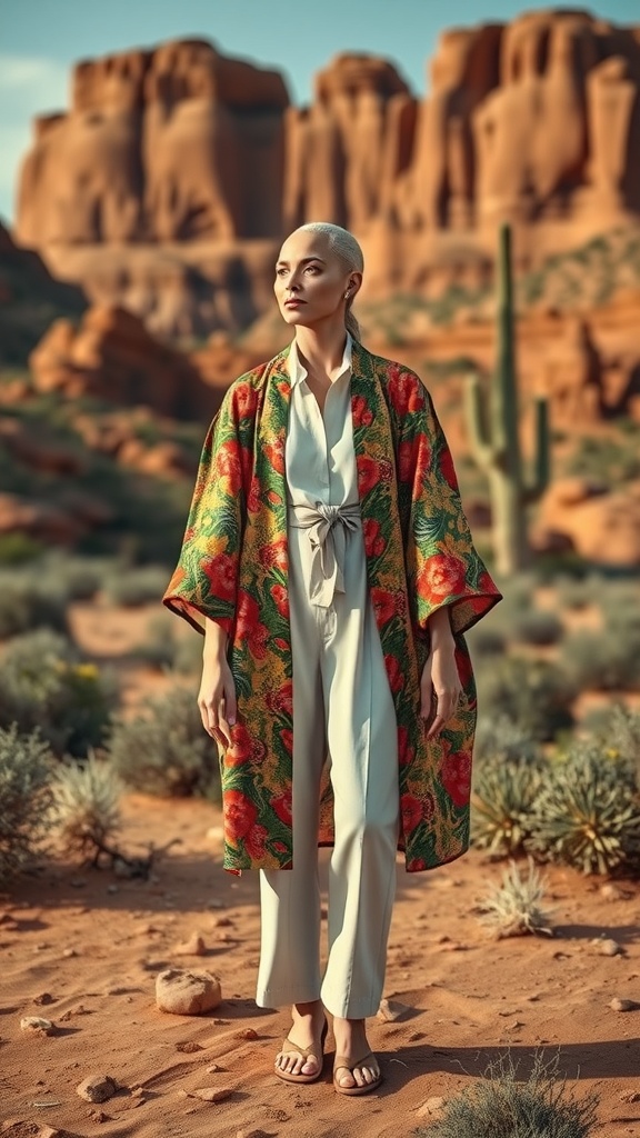 A model wearing a vibrant Zara Printed Kimono in a desert setting, showcasing a stylish boho look.
