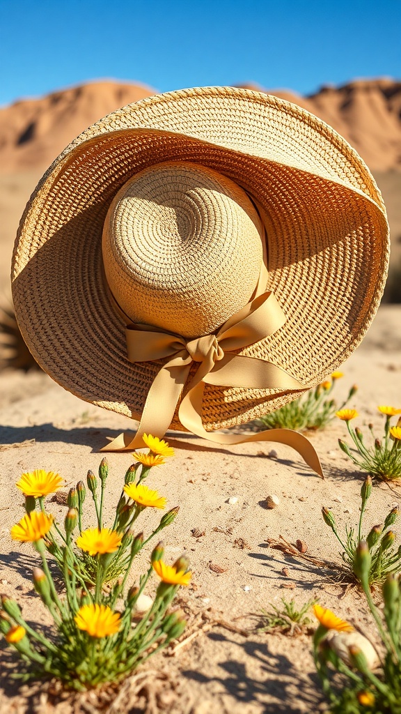A wide-brim straw hat with a ribbon, placed on sandy ground surrounded by yellow flowers.