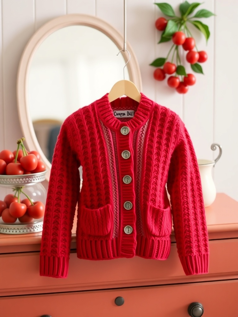 A cherry red cardigan with a knitted design, hanging on a wooden hanger against a backdrop of cherry tomatoes and a mirror.