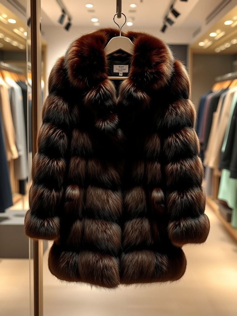 A luxurious faux fur coat displayed in a boutique, showcasing its rich brown tones and plush texture.