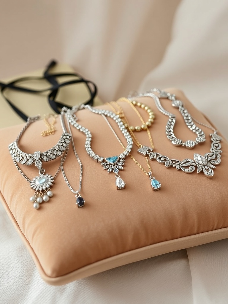 A collection of choker necklaces displayed on a soft cushion, featuring various styles and designs.