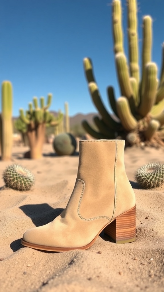 Beige suede ankle boots on sandy desert ground with cacti in the background