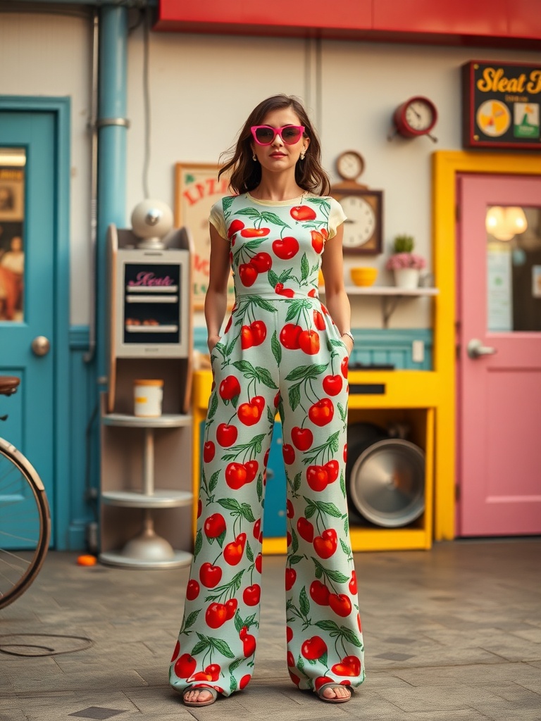 A woman wearing a cherry print jumpsuit with pink sunglasses, standing in a colorful retro setting.