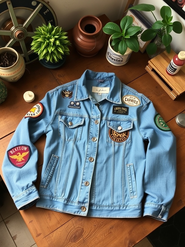 A light blue denim jacket with various patches displayed on a wooden table surrounded by plants.