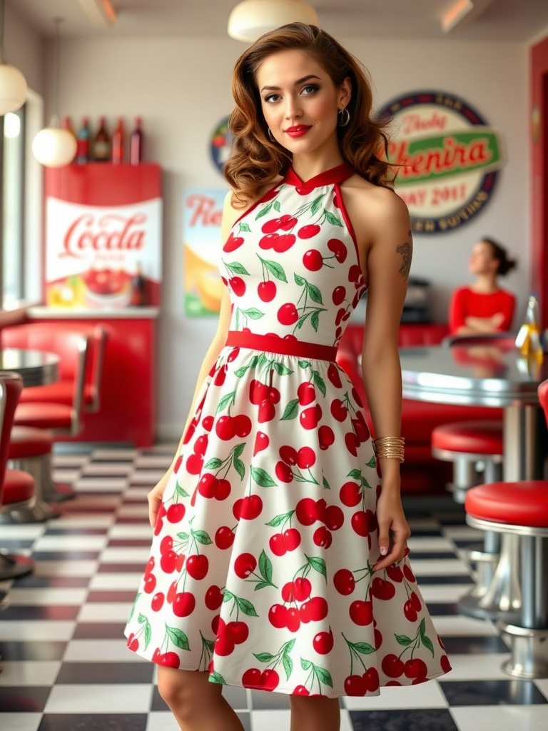 A woman wearing a Cherry Bomb Dress with a cherry print in a retro diner setting.