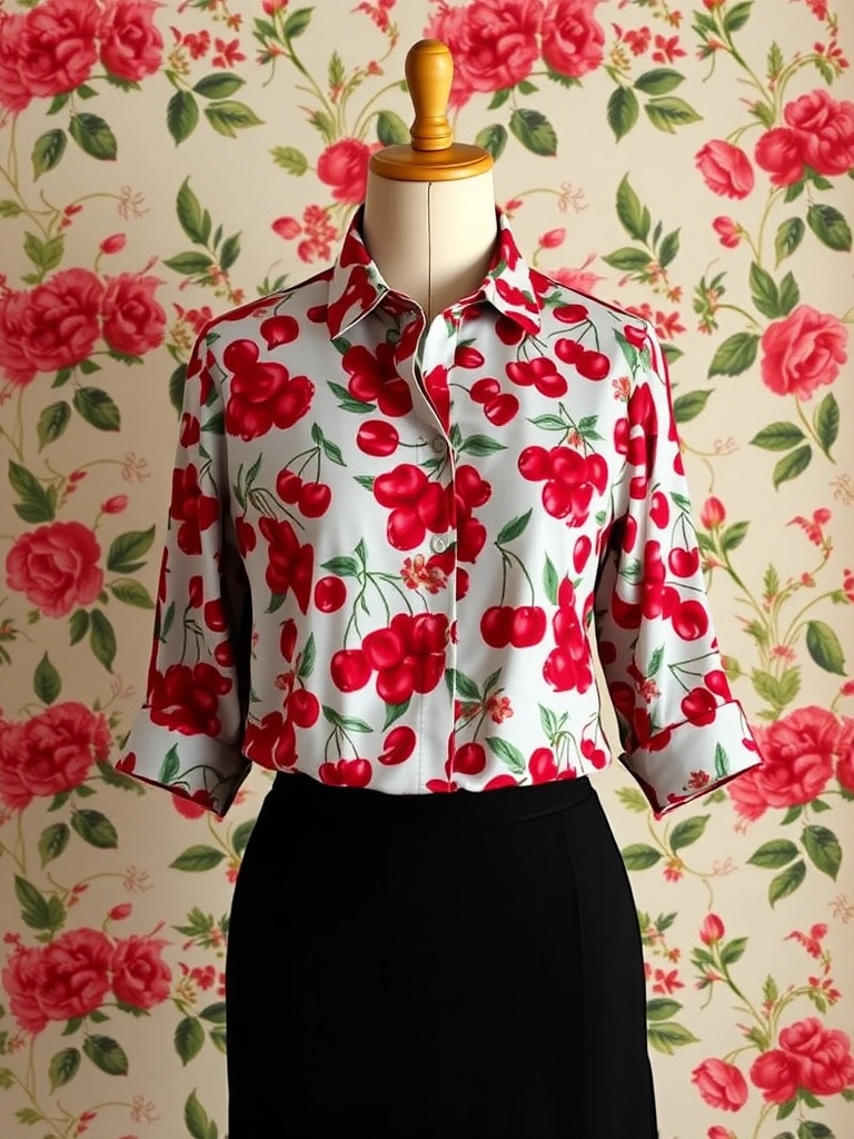 A cherry print blouse displayed on a mannequin against a floral background.
