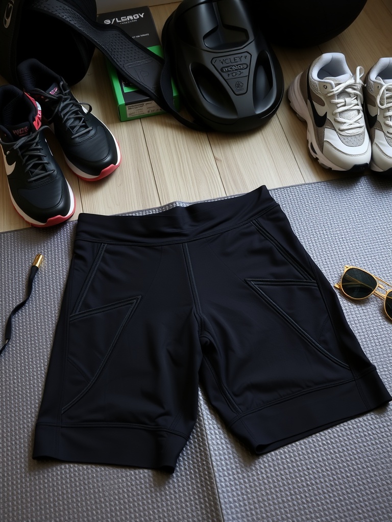 A pair of black biker shorts with sporty accessories including sneakers and a gym bag.