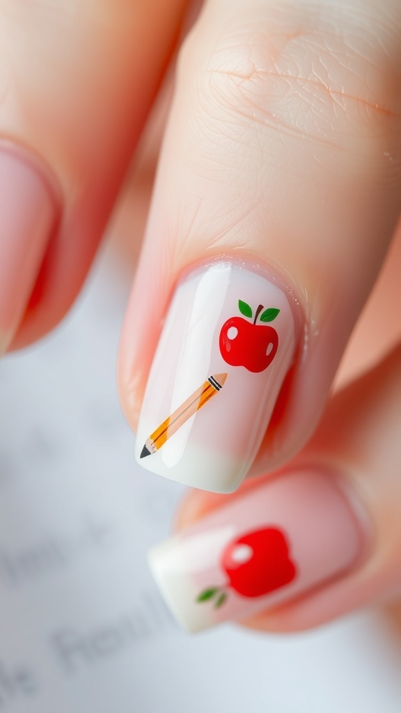 Close-up of nails featuring apple and pencil designs.