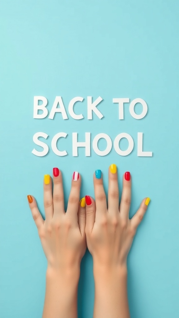 Colorful back-to-school nails with bright primary colors on a blue background.