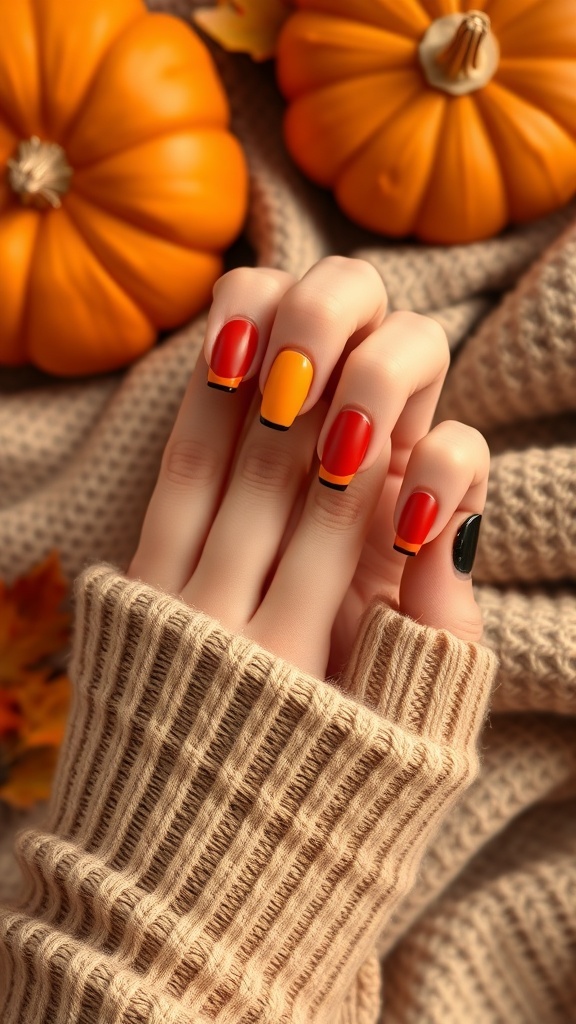 Nails painted in burnt orange with black tips, surrounded by pumpkins and a cozy sweater.