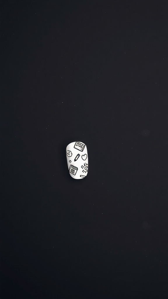 Chalkboard-inspired nail art featuring doodles of school supplies on a black background.
