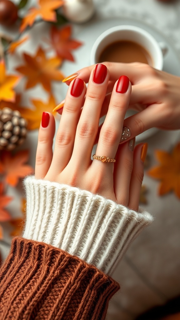 A close-up of hands with a classic French manicure featuring deep red and golden nails, surrounded by autumn leaves and a cup of coffee.