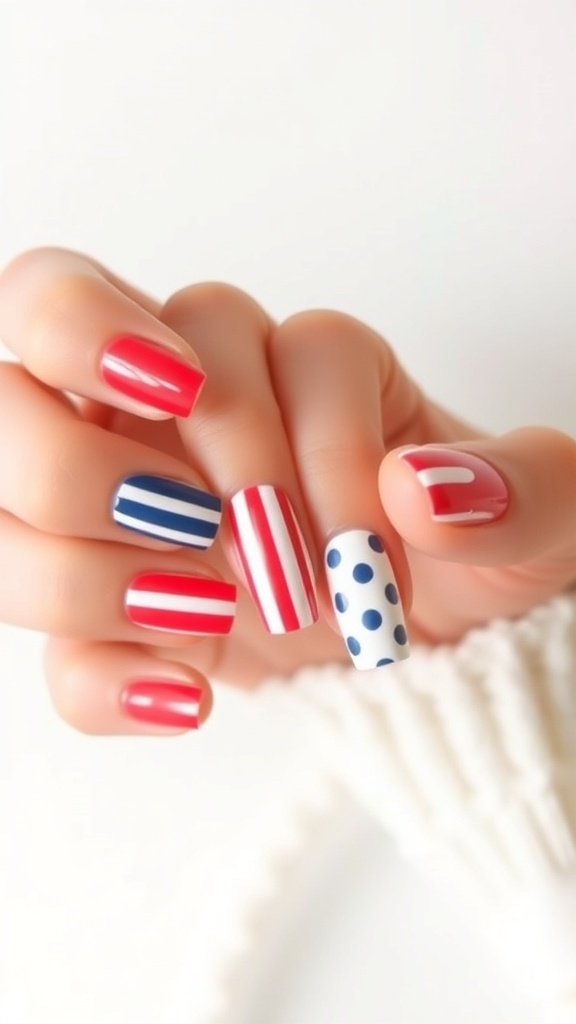 Nails featuring classic stripes and dots in red, blue, and white.