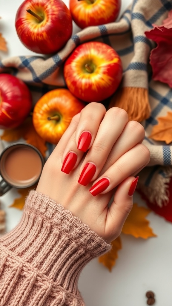 A hand with crisp apple red nails, surrounded by fresh apples and autumn leaves.