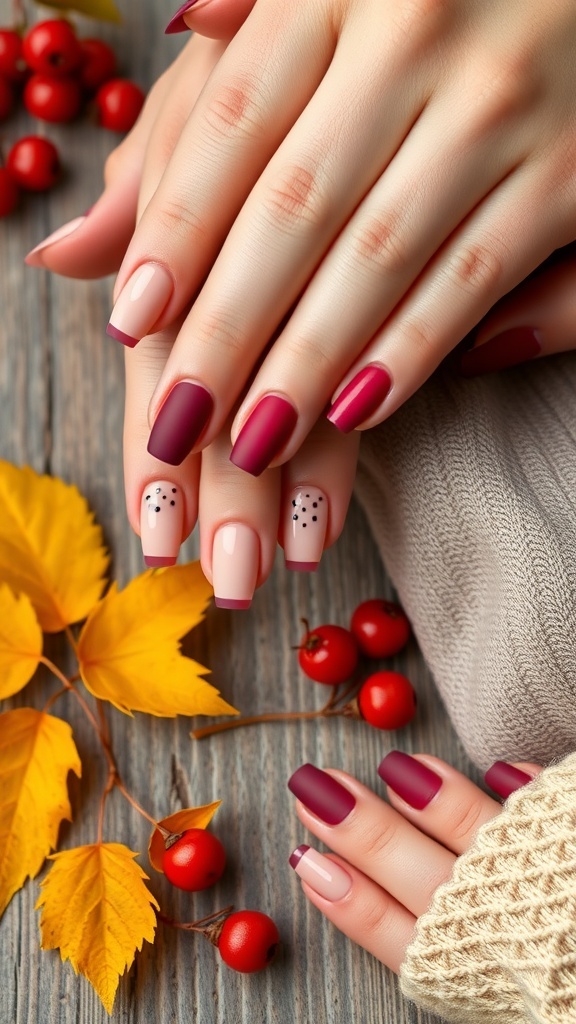 Deep berry ombre nails with polka dots on a wooden surface surrounded by autumn leaves and berries.