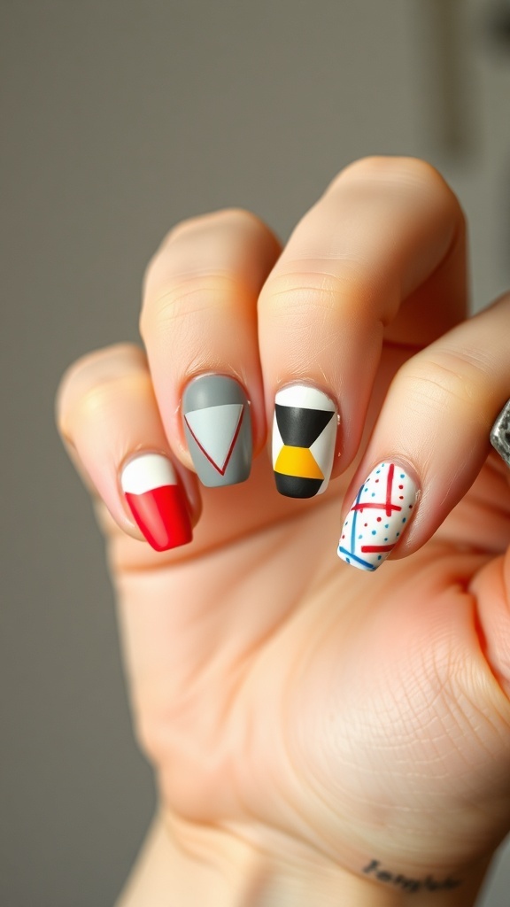 Colorful geometric nail designs with triangles, squares, and lines.