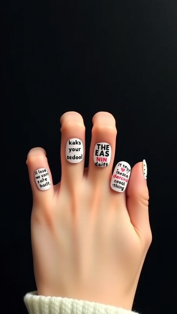 A hand with nails painted white featuring various inspirational quotes.