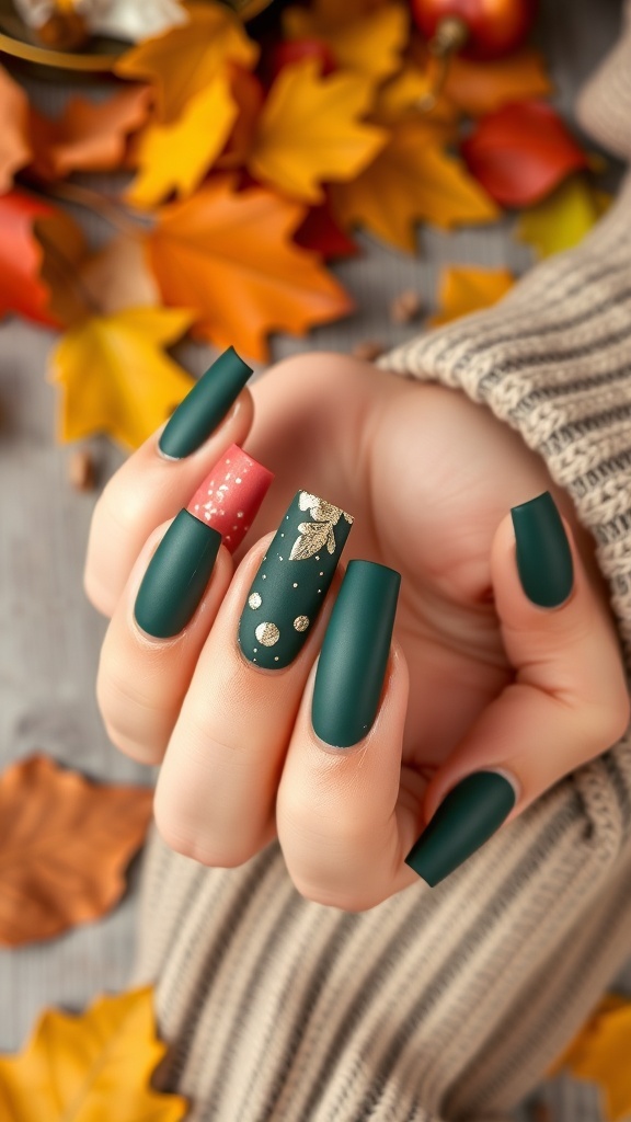 A hand with matte forest green nails featuring gold accents and a coral design, surrounded by autumn leaves.