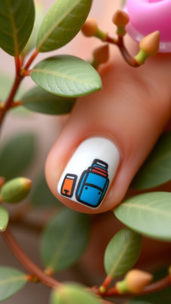 Nail art featuring miniature book and backpack designs on a finger