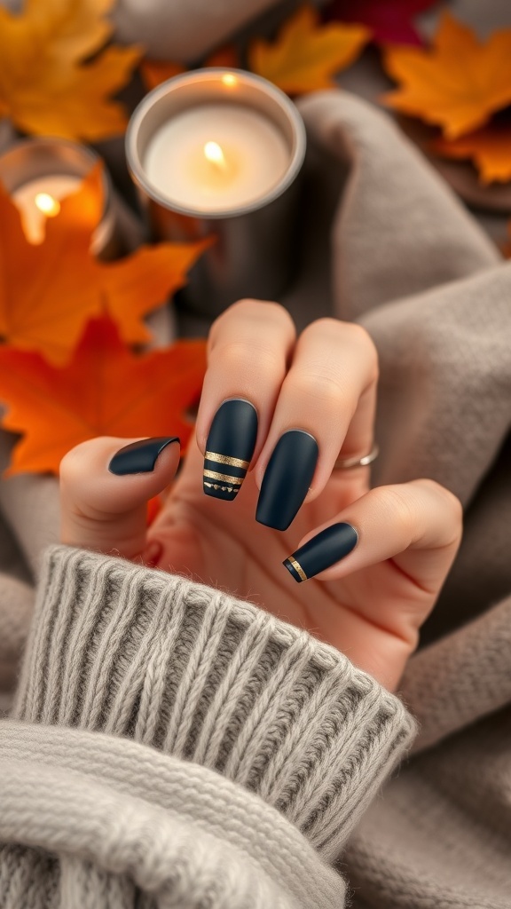 Navy blue nails with metallic gold accents, surrounded by autumn leaves and candles