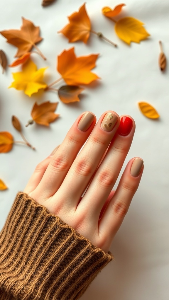 A hand with neutral taupe nails featuring leaf accents and a pop of red, surrounded by autumn leaves.