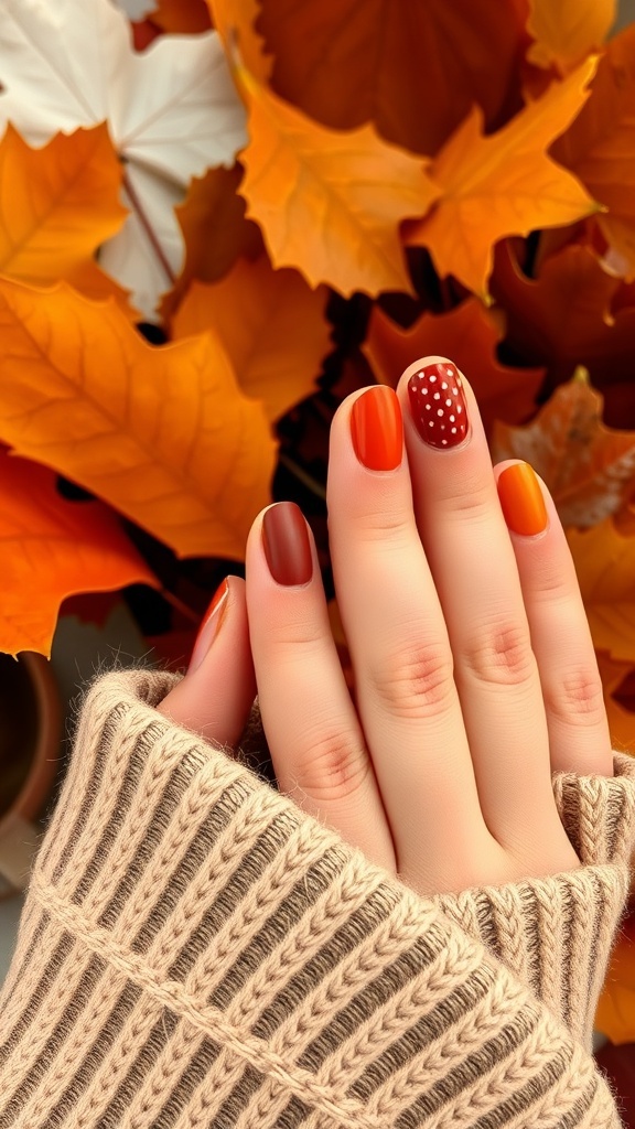A hand with fall-themed nails showcasing rustic earth tones, surrounded by autumn leaves.