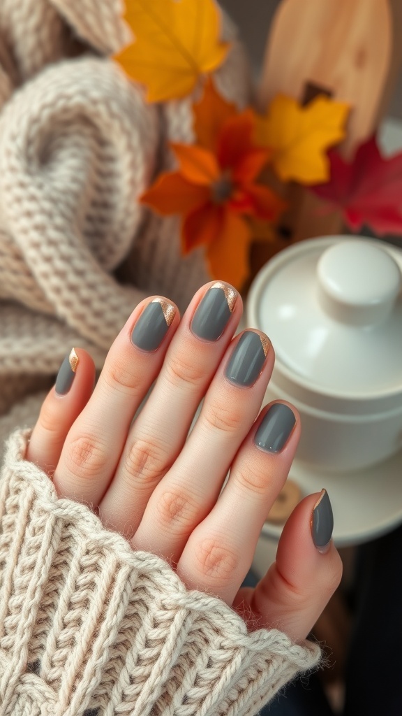A hand with warm gray nails featuring rose gold foil tips, surrounded by autumn leaves and a cozy knit sweater.
