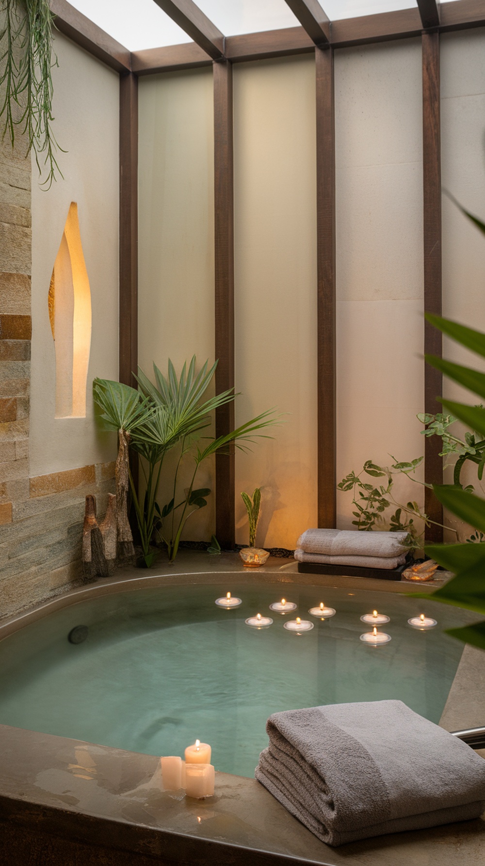 A serene bathroom with a small pool, candles floating on the water, and plants surrounding the area.