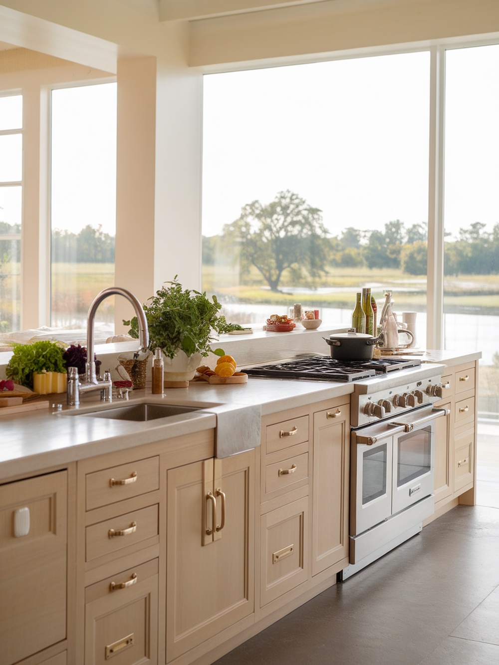 A modern kitchen with large windows, light cabinetry, and fresh ingredients on the counter.