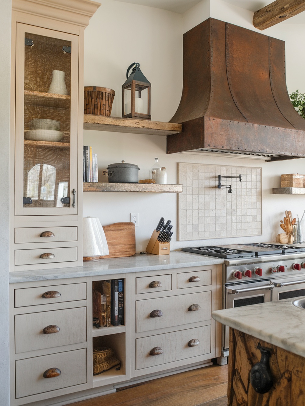 Customized kitchen cabinets with glass doors and rustic elements