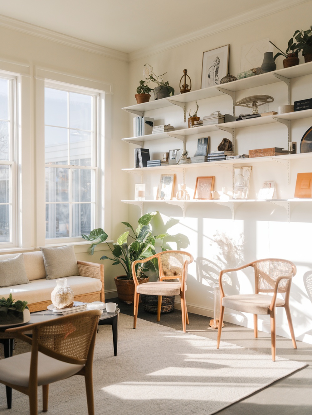 A bright and tidy living room with natural light, plants, and organized shelves.