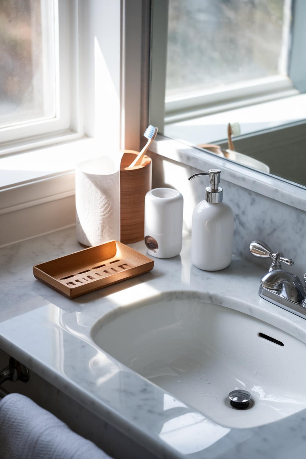 A clean and organized bathroom countertop with a sink, soap dispenser, and toothbrush holder.