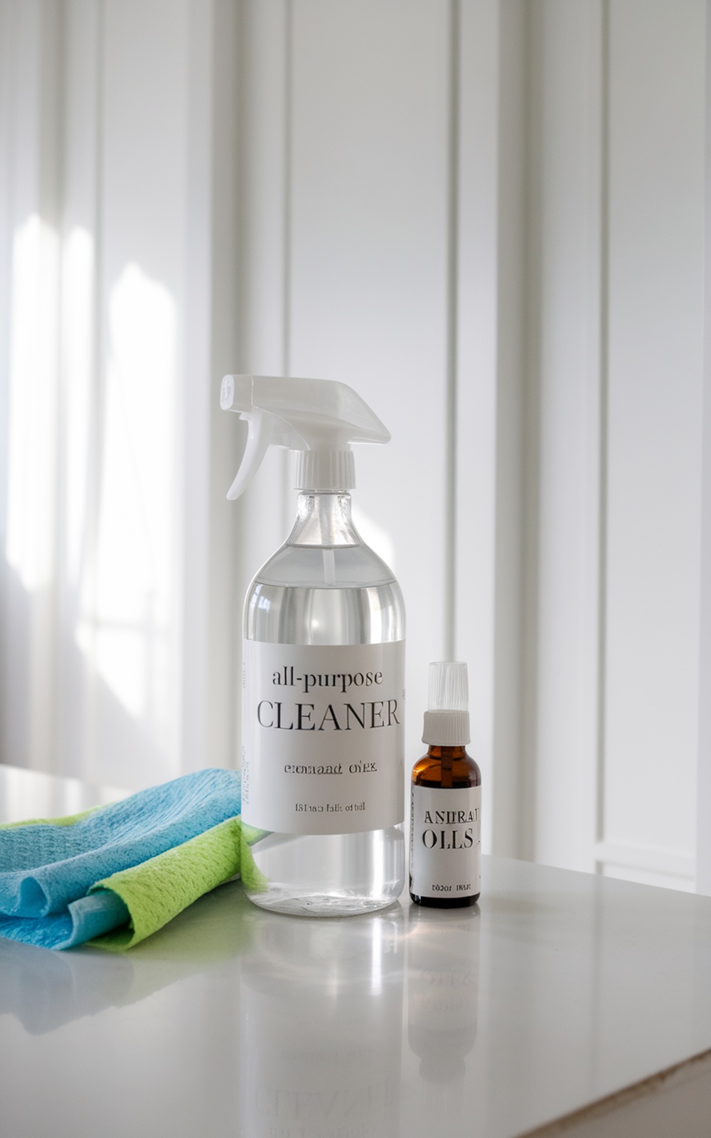 A spray bottle labeled 'all-purpose CLEANER' next to a bottle of essential oils and cleaning cloths on a countertop.