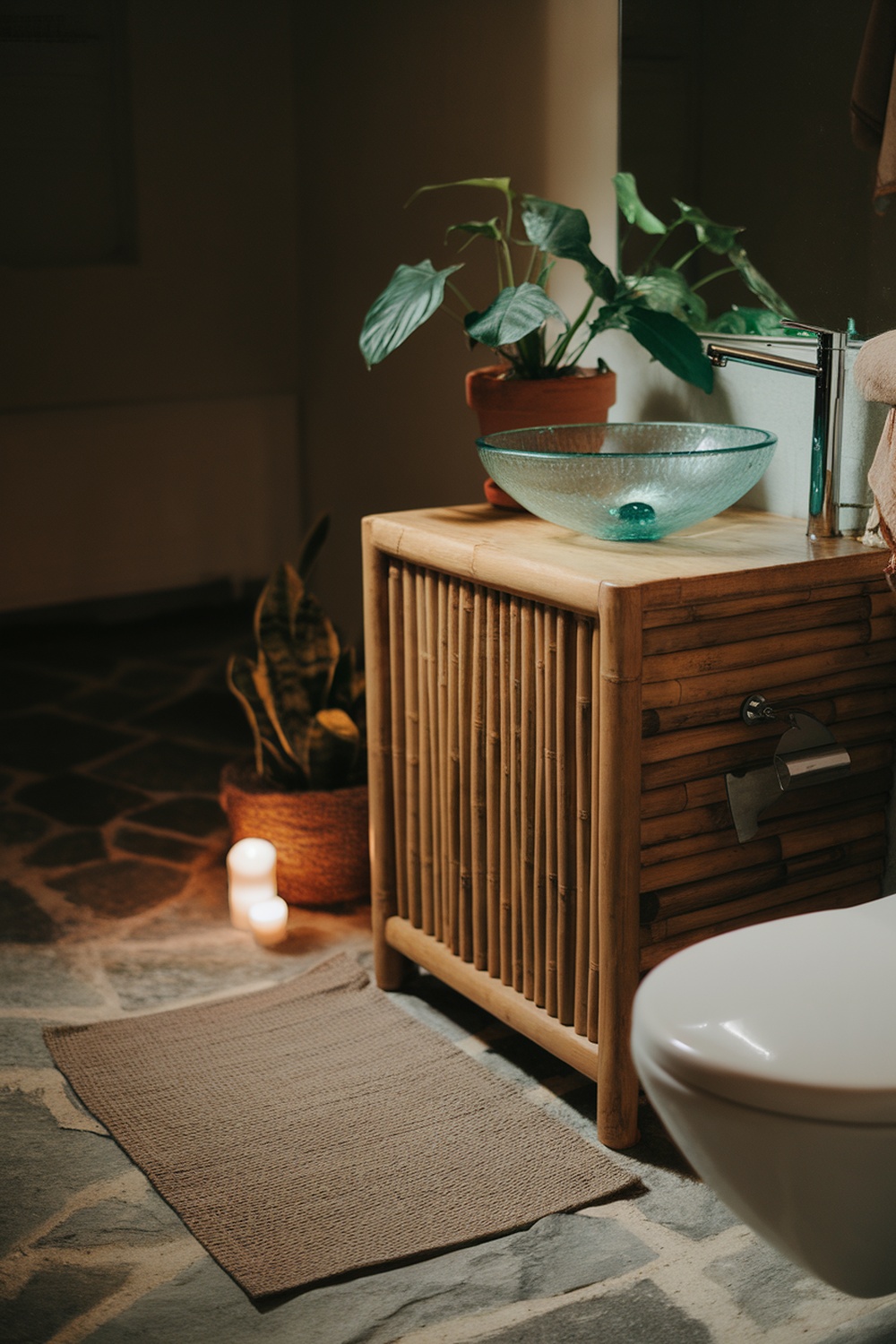 Eco-friendly bathroom interior with bamboo cabinet, glass sink, and plants