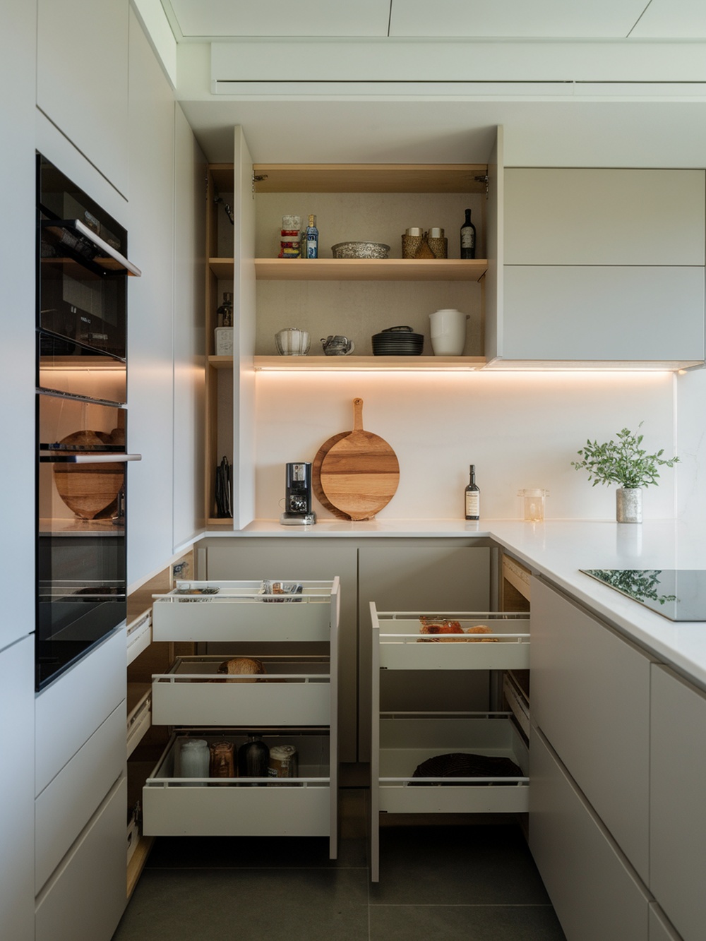 Modern kitchen with hidden storage features and sleek design.