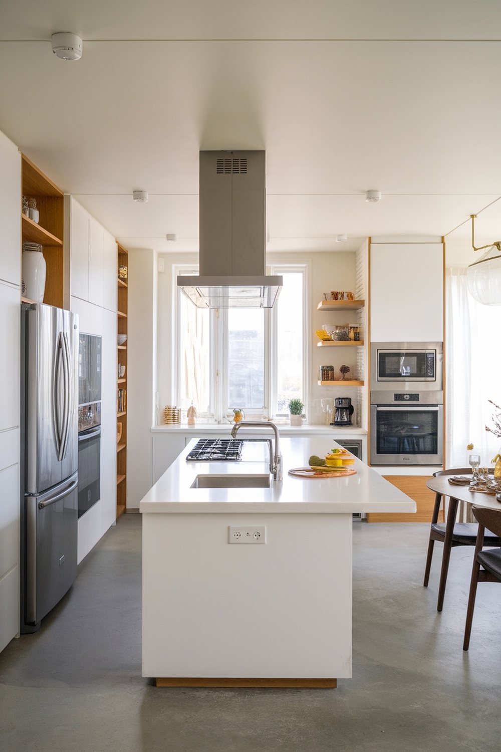 A modern kitchen featuring a central island, sleek cabinetry, and open shelving.