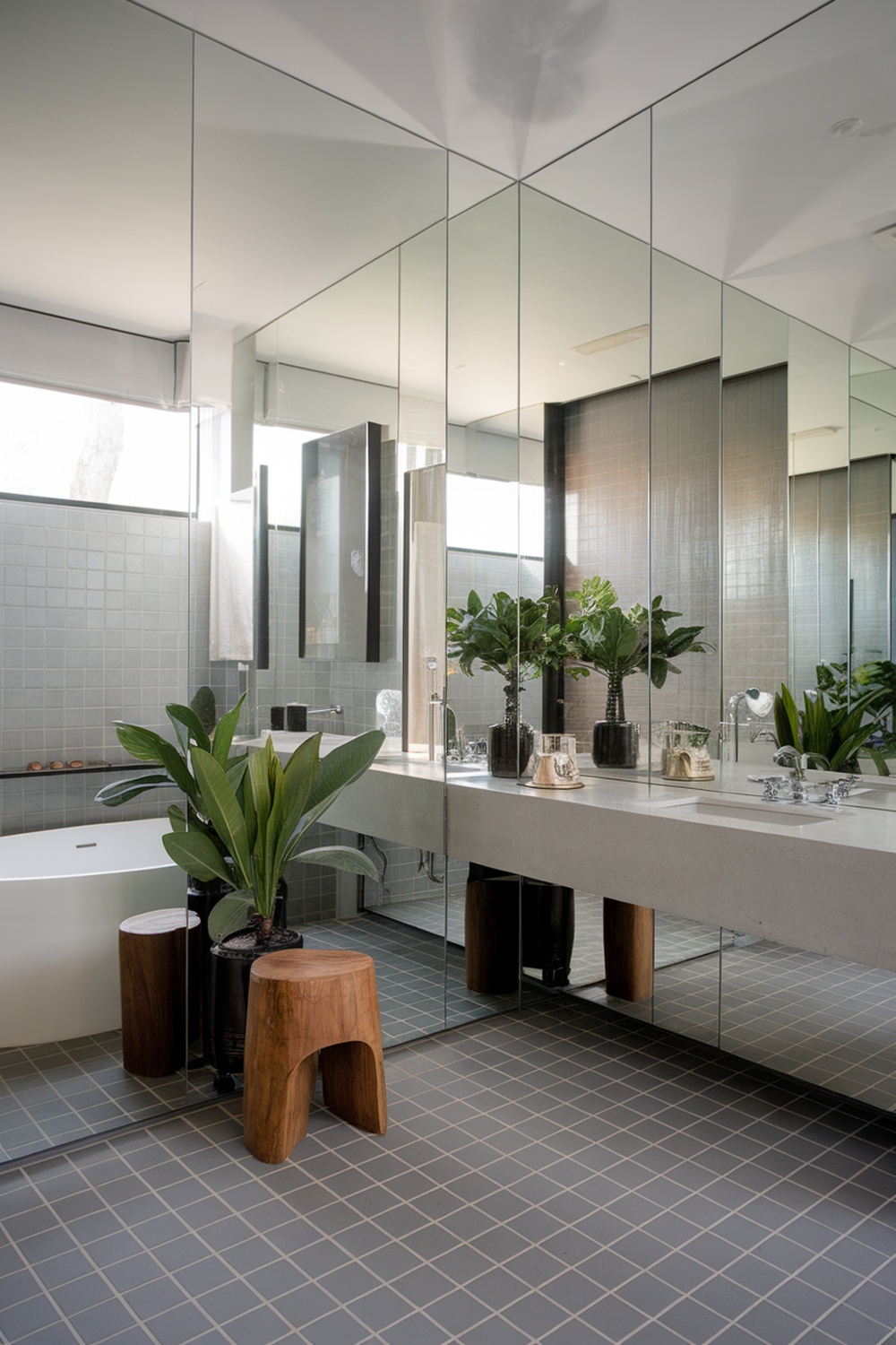 A modern bathroom featuring large mirrors, plants, and a sleek design.