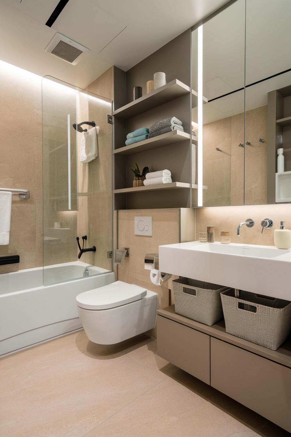 A modern bathroom featuring innovative storage solutions, including open shelving and built-in cabinetry.