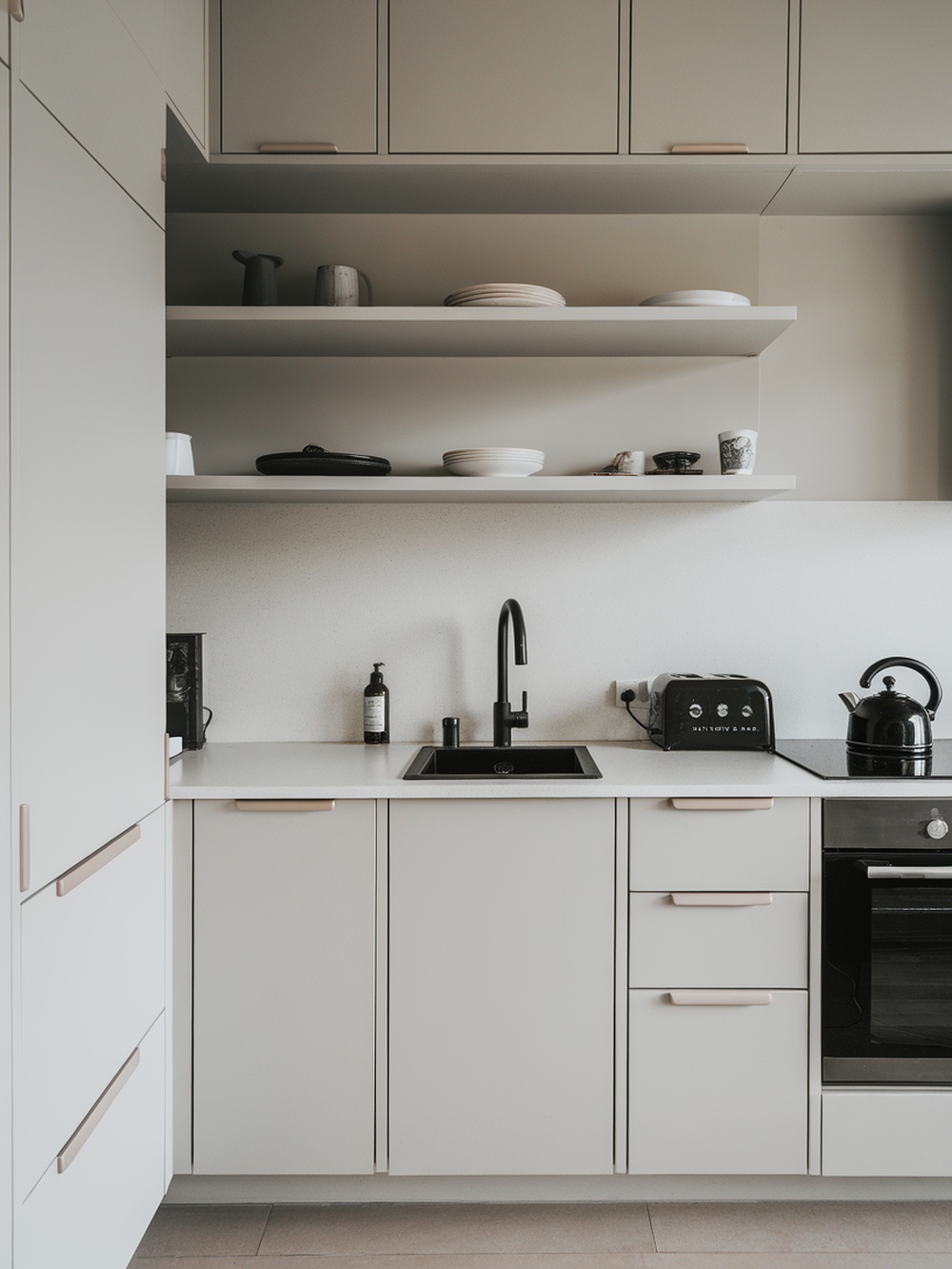 A minimalistic kitchen design featuring open shelving, neutral colors, and a clean layout.