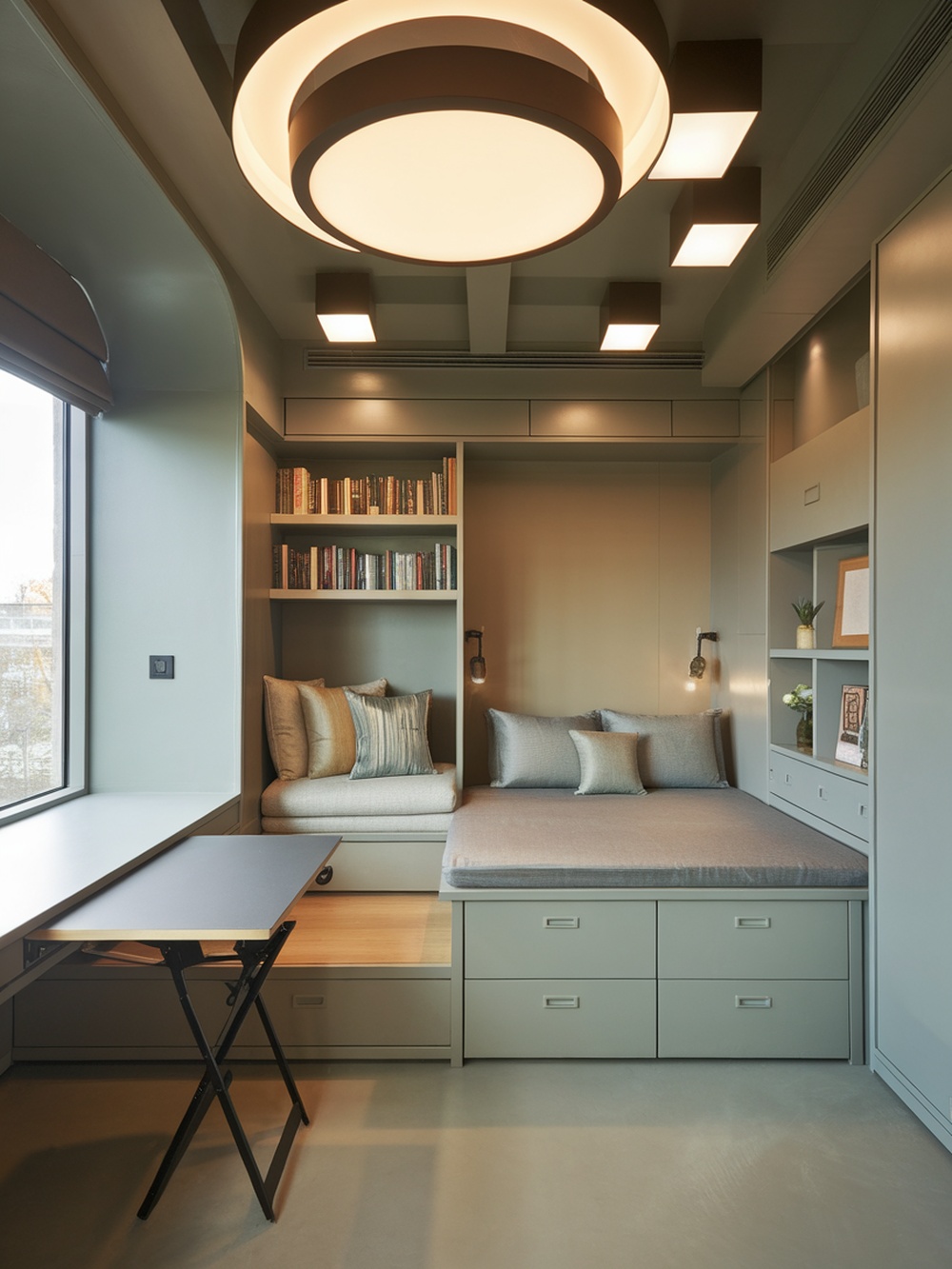 A modern bedroom featuring a cozy bed, reading nook, and compact workspace with built-in shelves.