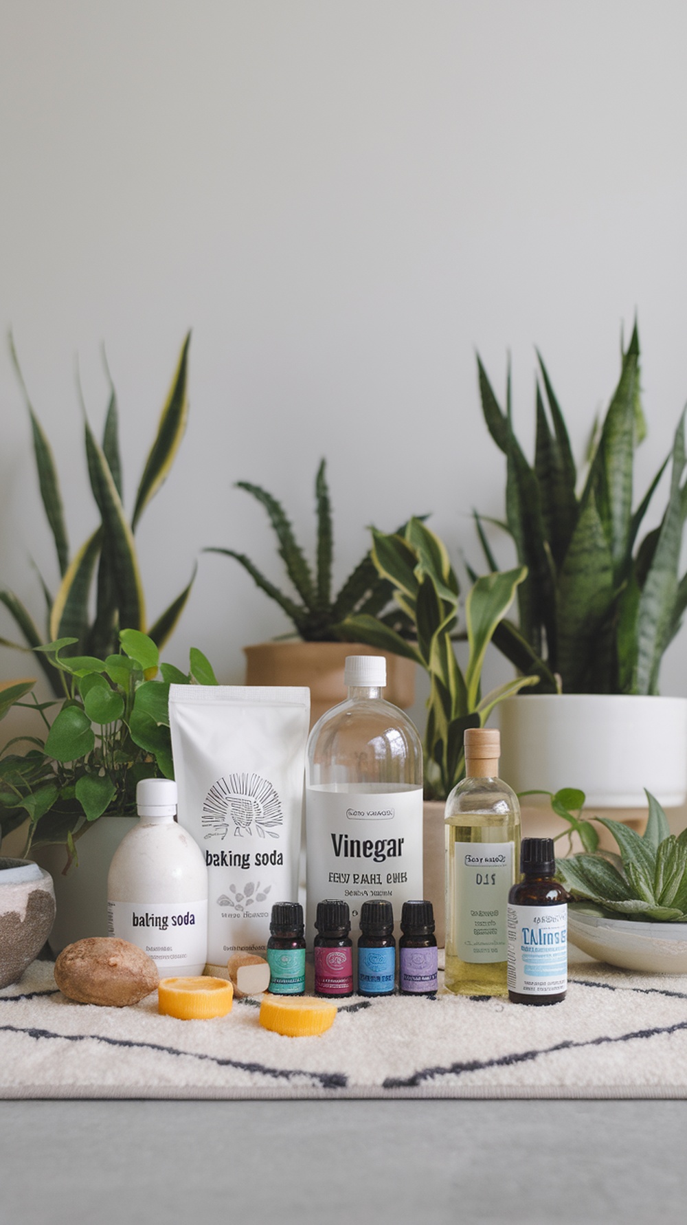 Natural cleaning solutions for rugs including baking soda, vinegar, and essential oils displayed with plants.