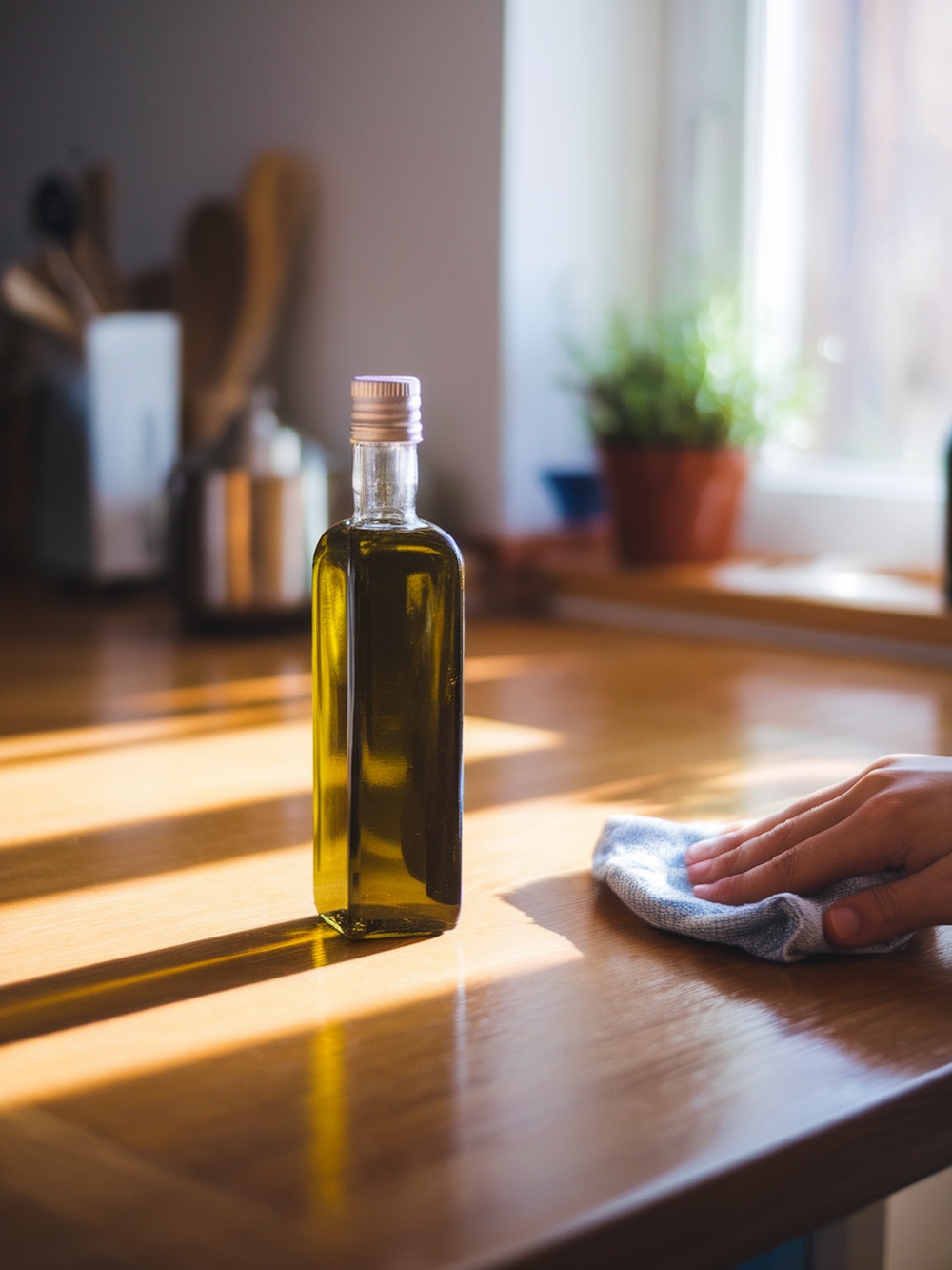 A bottle of olive oil on a wooden countertop with a hand wiping the surface
