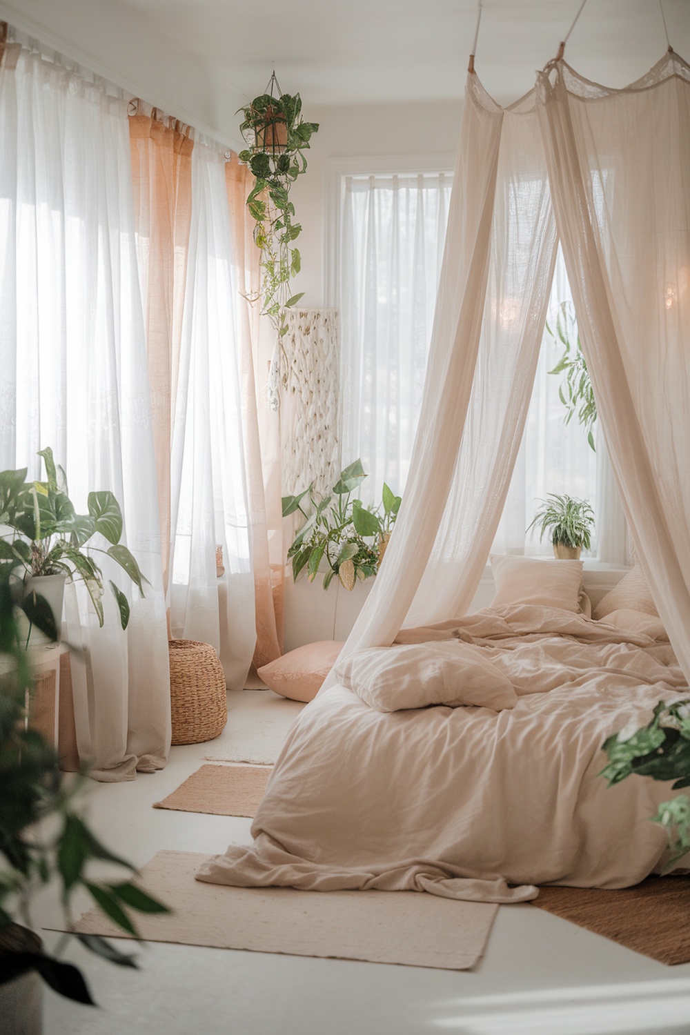 A serene bedroom with soft linens, plants, and natural light.