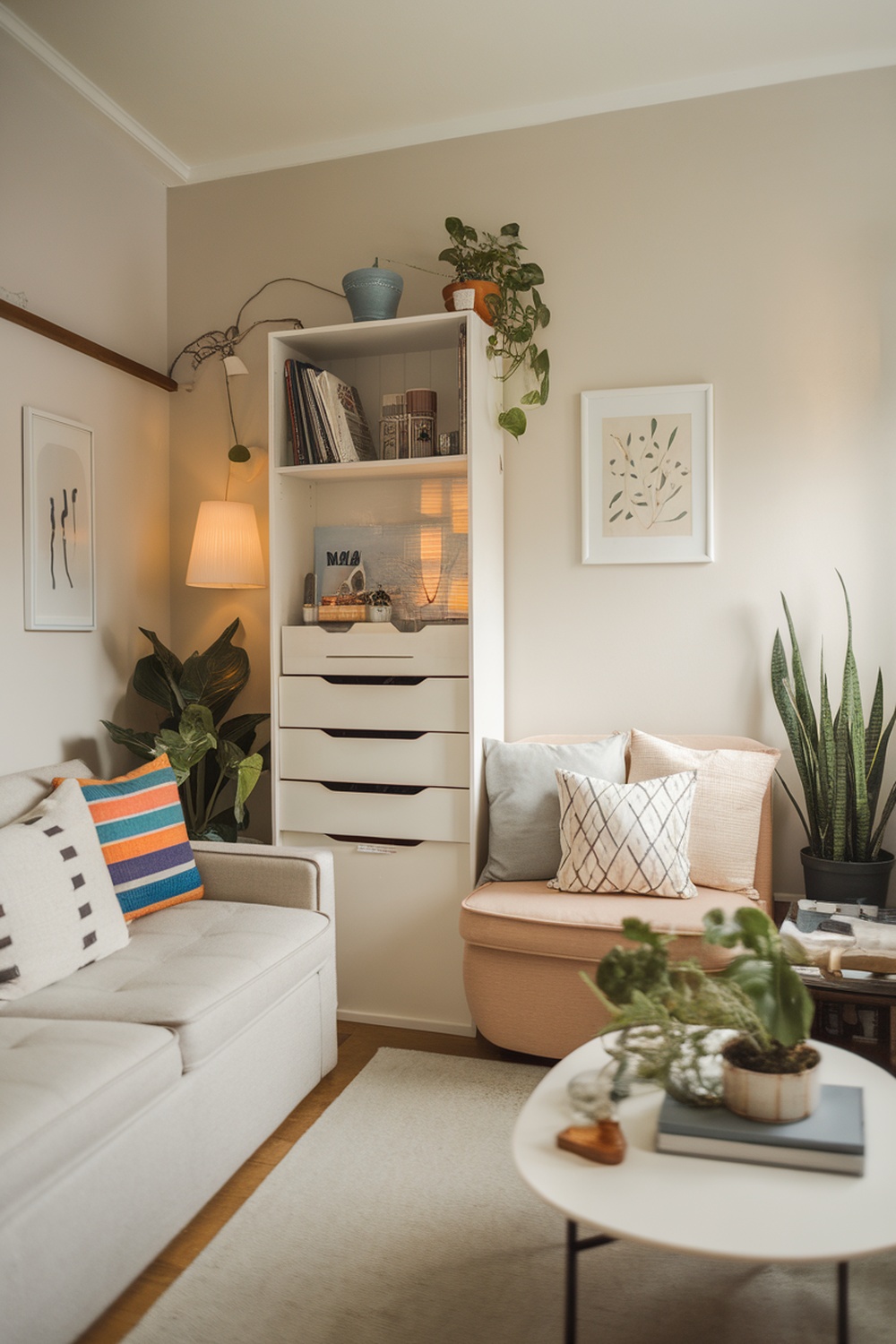 Cozy living room with smart furniture arrangement and plants
