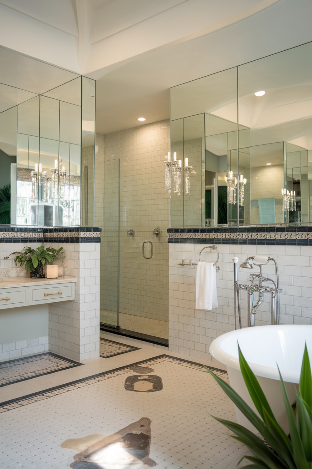 A luxurious bathroom featuring large mirrors, elegant lighting, and modern fixtures.