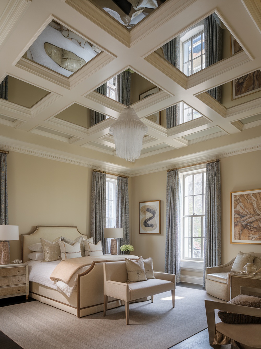 A beautifully designed bedroom featuring a coffered ceiling with mirrored elements, enhancing the sense of space and light.