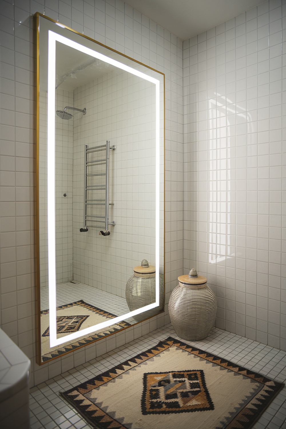 A modern bathroom featuring a large illuminated mirror, textured tiles, and a stylish rug.