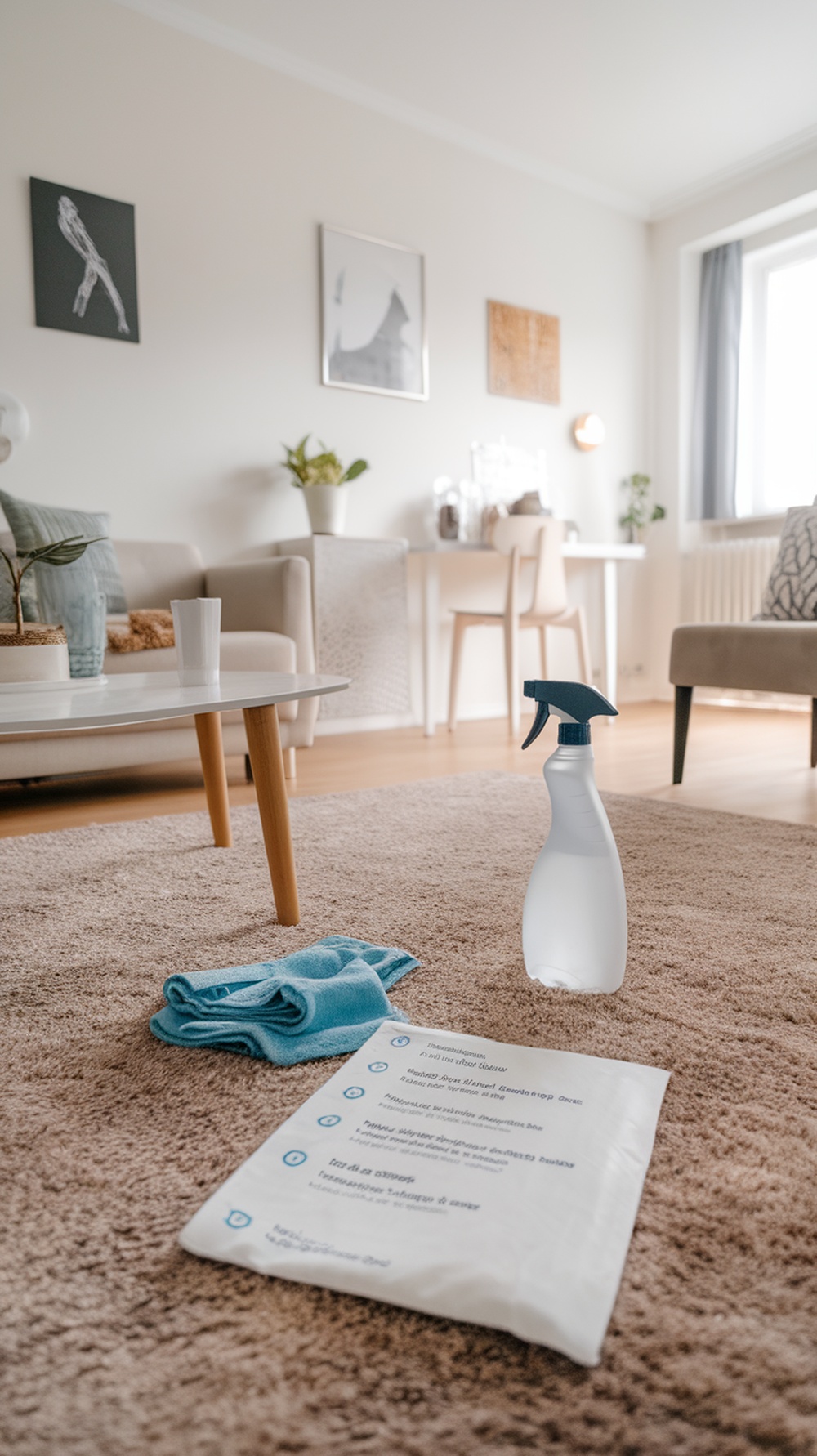 A cozy living room with a cleaning bottle, cloth, and cleaning instructions on a soft rug.