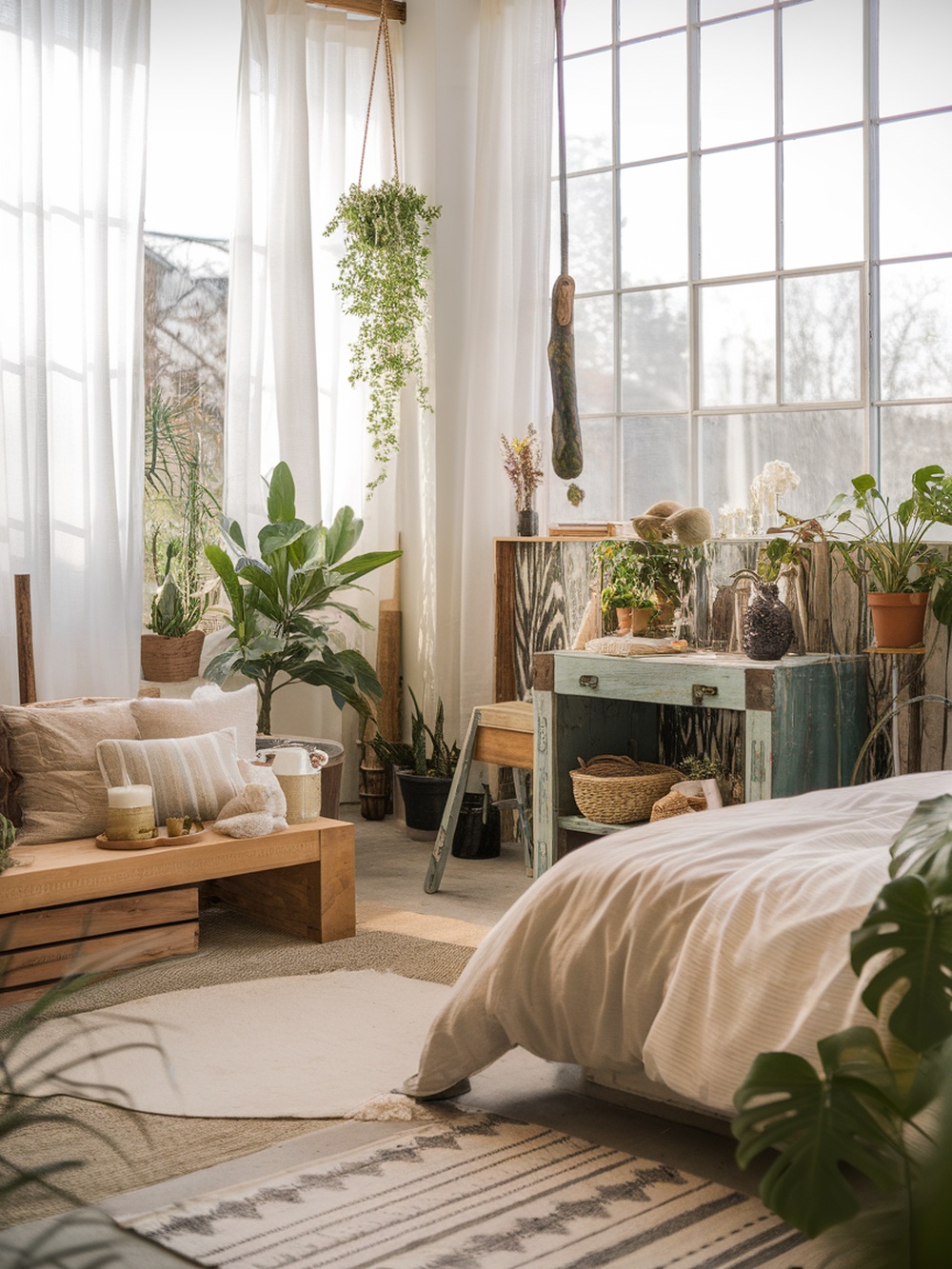 A cozy bedroom with natural light, plants, and eco-friendly decor.