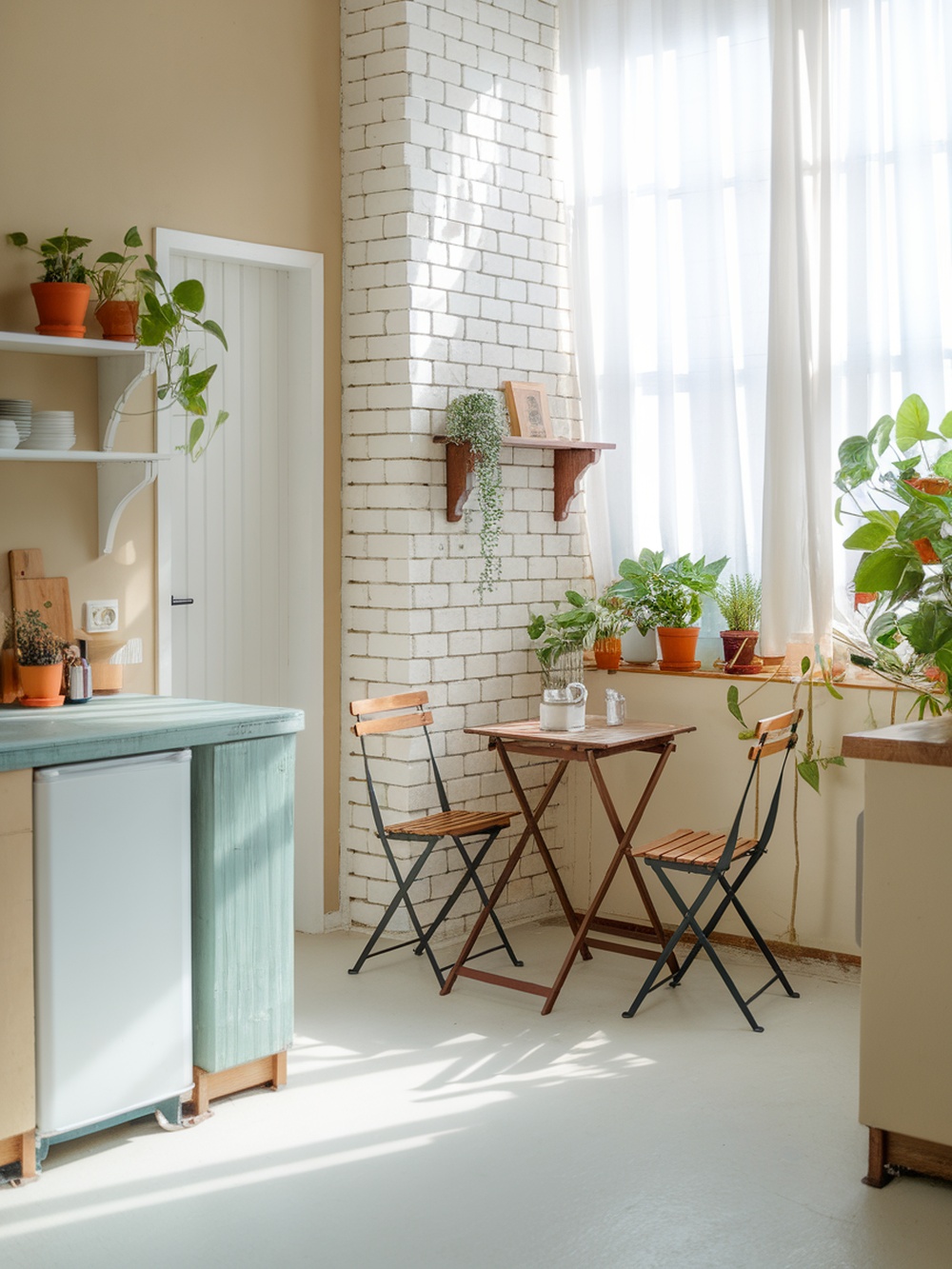 A cozy small kitchen with plants on shelves and a table, showcasing a fresh and inviting atmosphere.
